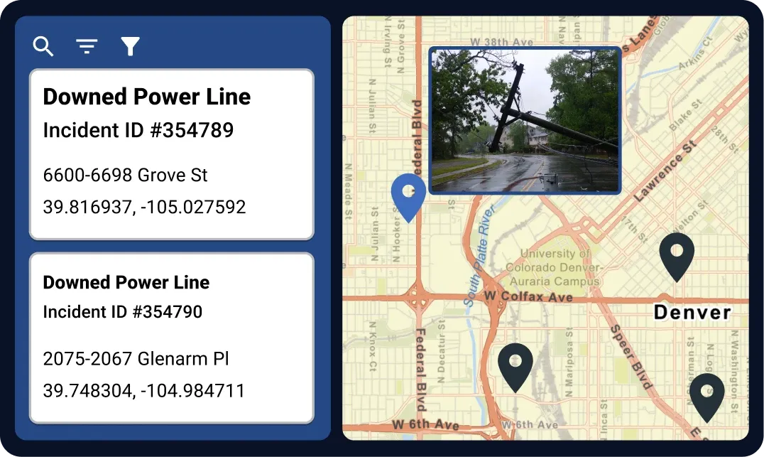 Illustration of downed power line incidents in a CAD, demonstrating automatic notification from the PSAP to utility, showing how Resilient Link saves telecommunicator time.