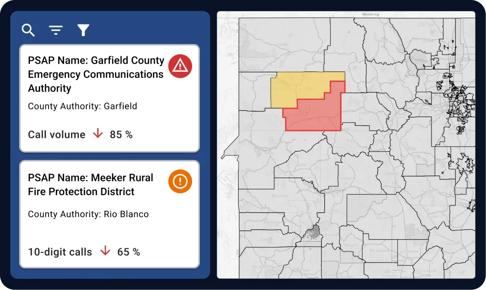 Regional map showing detected carrier and admin line call disruptions in two counties, demonstrating carrier outage detection in the PSAP.